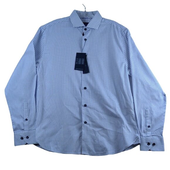 Michelsons of London Men's Medium Regular-Fit Blue Check Dress Shirt Long Sleeve - Picture 4 of 15